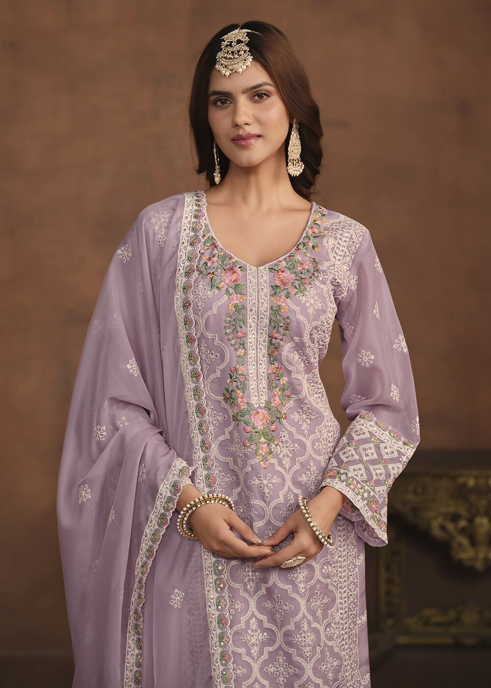 Lavender Soft Organza Embroidered Festive Salwar Suit - Emponline