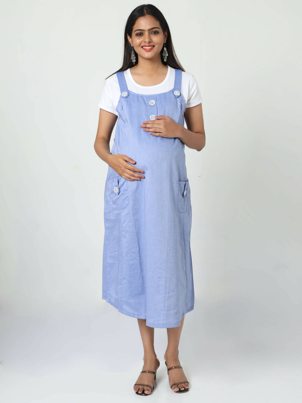 Manet Half Sleeves Solid Maternity Dress With Concealed Zipper Nursing Access - Blue