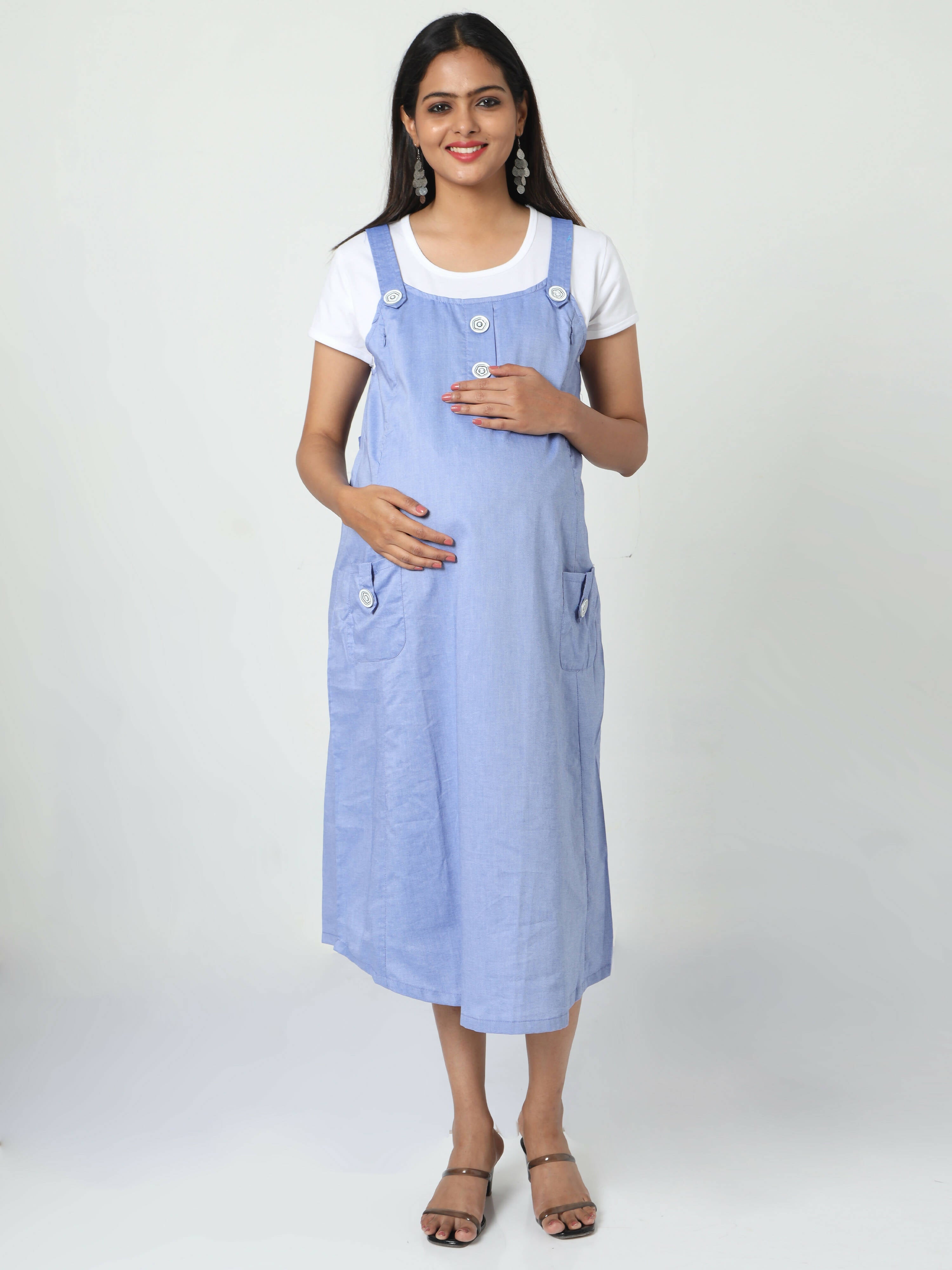 Manet Half Sleeves Solid Maternity Dress With Concealed Zipper Nursing Access - Blue