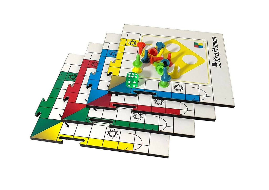 Kraftsman Wooden Portable Ludo Board Game for Kids and Adults (11?11 Inches) | Travel Pouch Included for Pawns and Dice