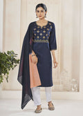 Jyoti Fashion Women's Navy Blue Pure Viscose Weaving Stripe with Embroidery Kurta Set