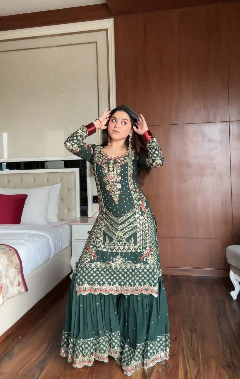 Prazu Fashion Dark Green Georgette Sequence Embroidered Sharara Suit