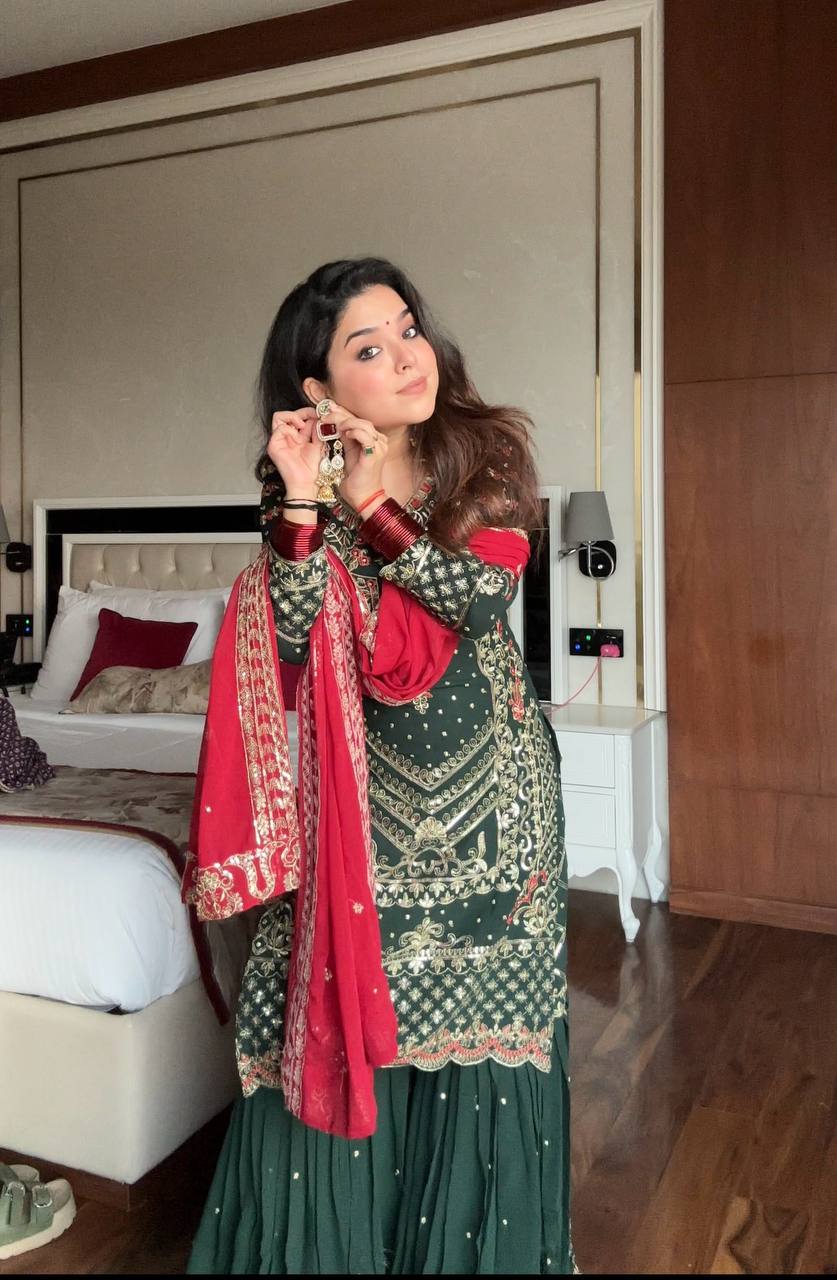 Prazu Fashion Dark Green Georgette Sequence Embroidered Sharara Suit