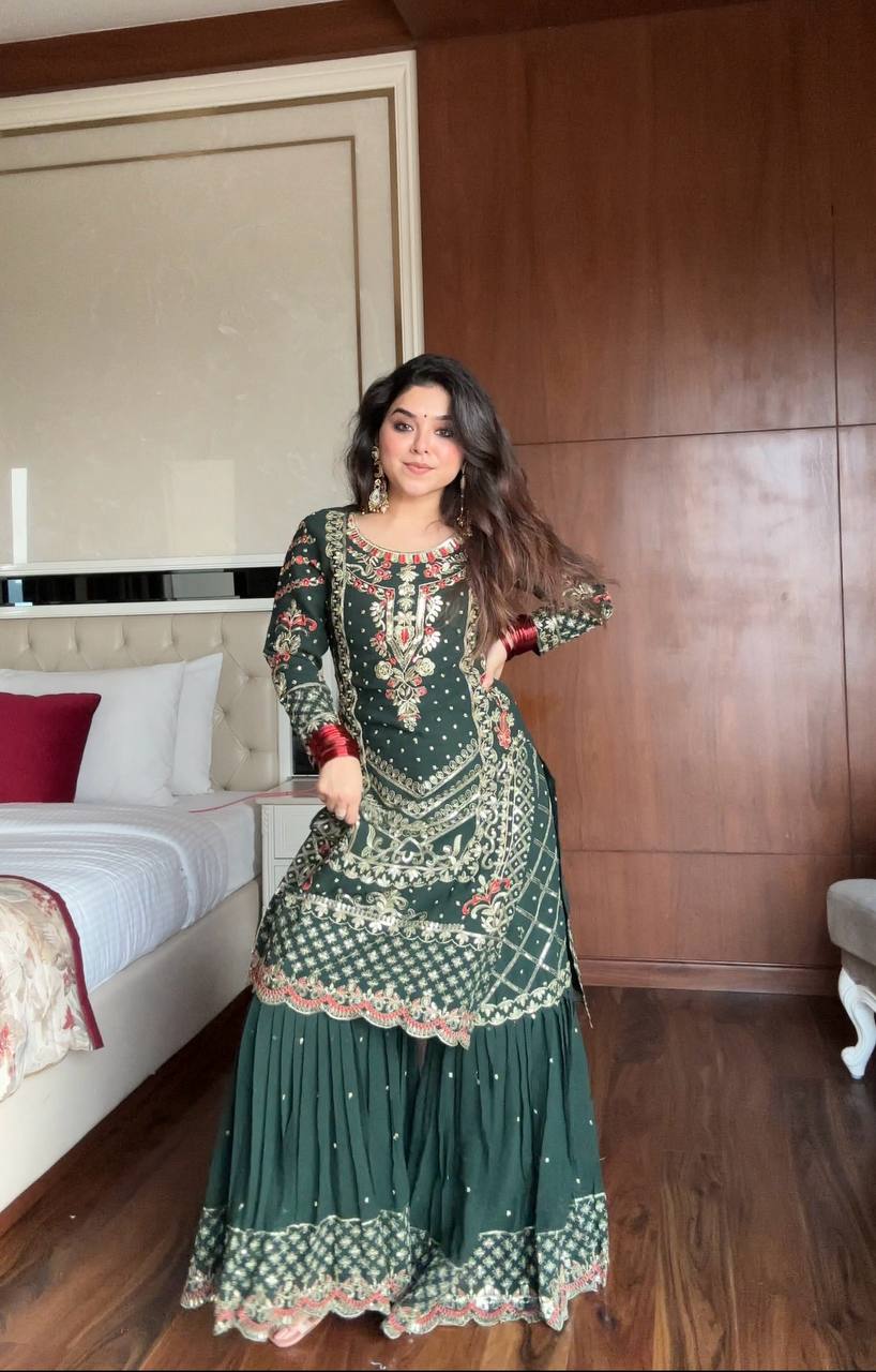 Prazu Fashion Dark Green Georgette Sequence Embroidered Sharara Suit