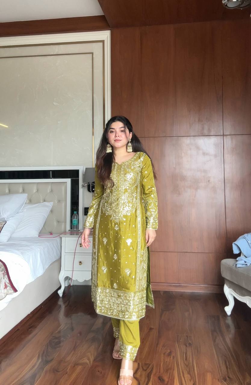 Prazu Fashion Lime Green Chinon Silk Embroidered Salwar Suit