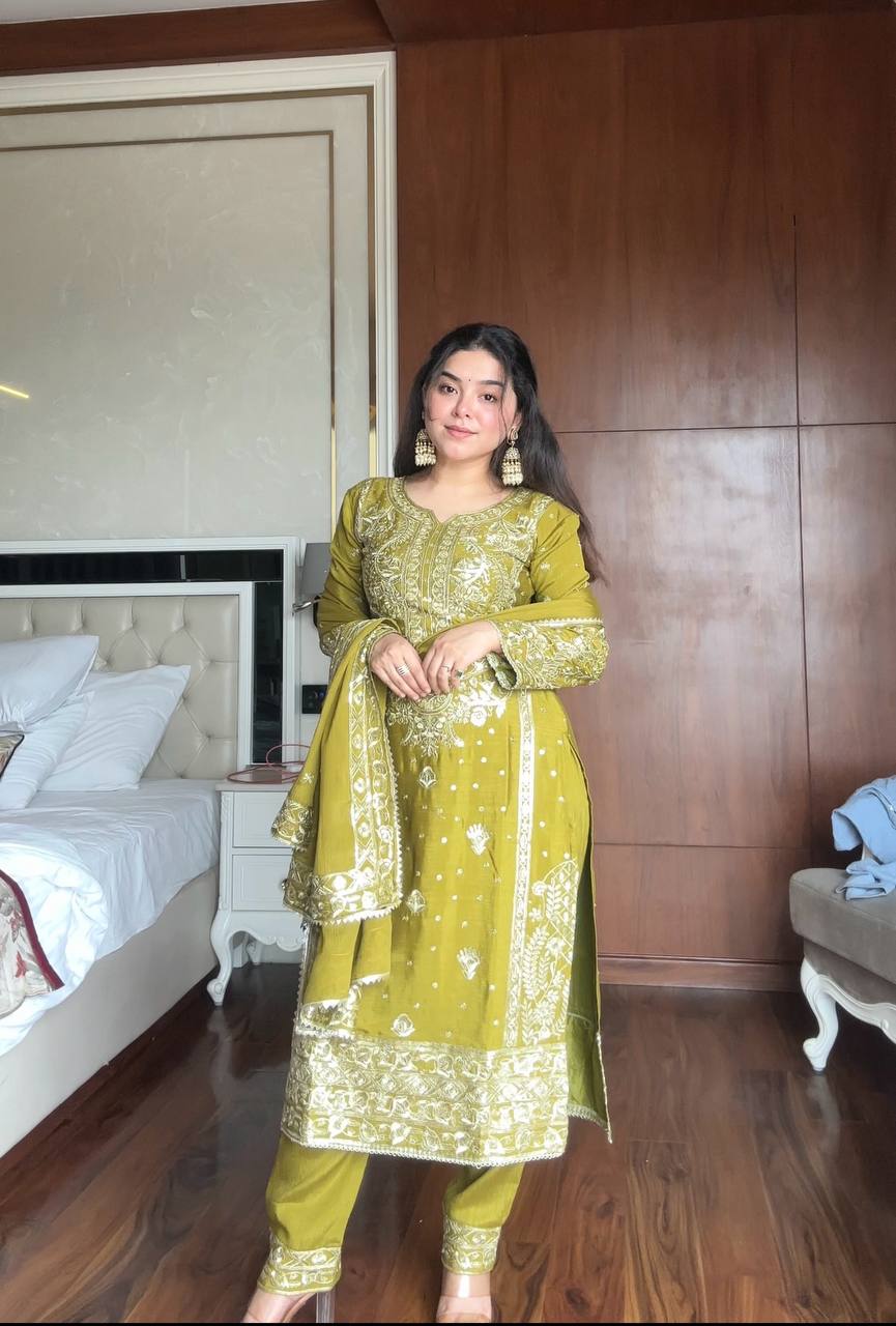 Prazu Fashion Lime Green Chinon Silk Embroidered Salwar Suit
