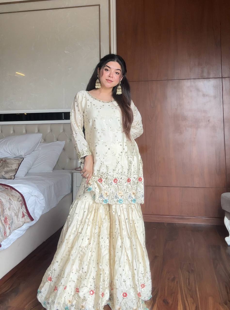 Prazu Fashion Off White Chinon Silk Embroidered Sharara Suit