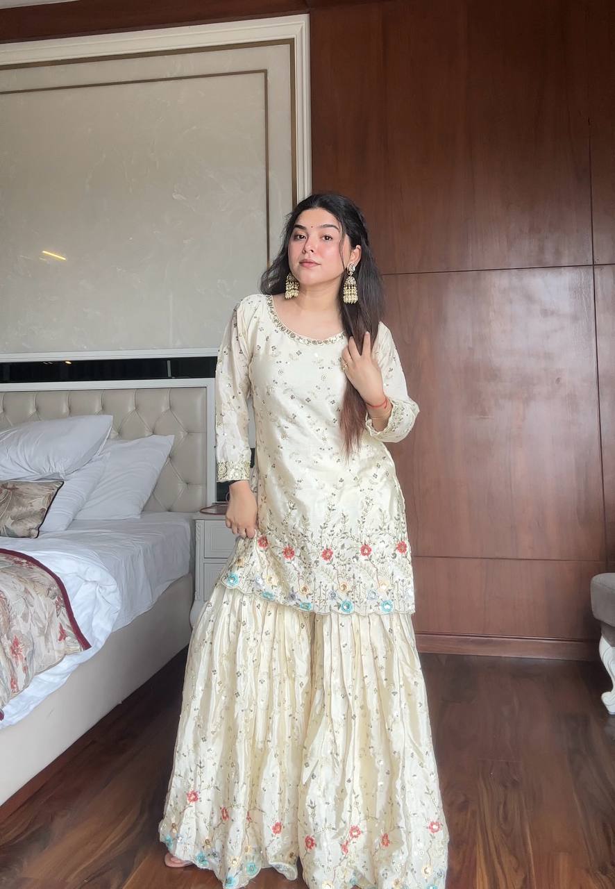 Prazu Fashion Off White Chinon Silk Embroidered Sharara Suit