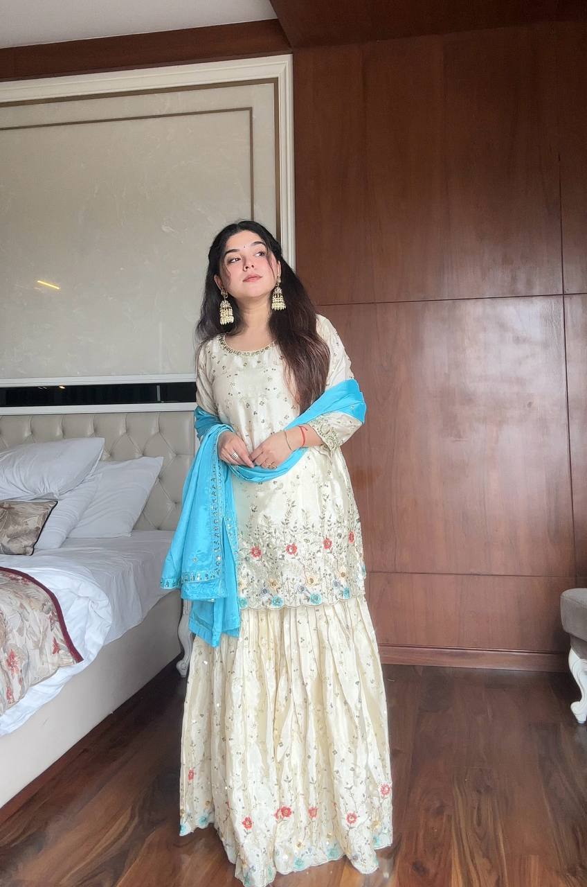 Prazu Fashion Off White Chinon Silk Embroidered Sharara Suit