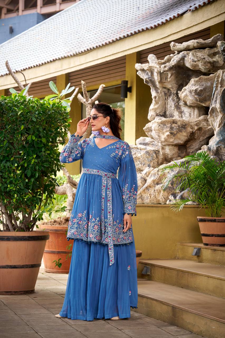 Prazu Fashion Dark Sky Blue Georgette Embroidered Designer Palazzo Suit