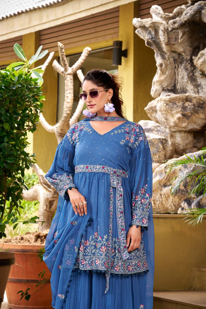 Prazu Fashion Dark Lavender Chinon Silk Embroidered Sharara Suit
