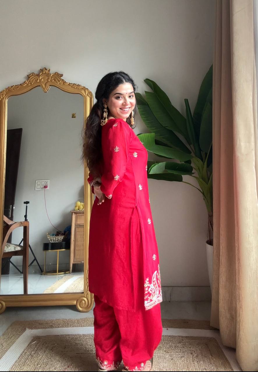 Prazu Fashion Red Chinon Silk Sequin Embroidered Salwar Suit