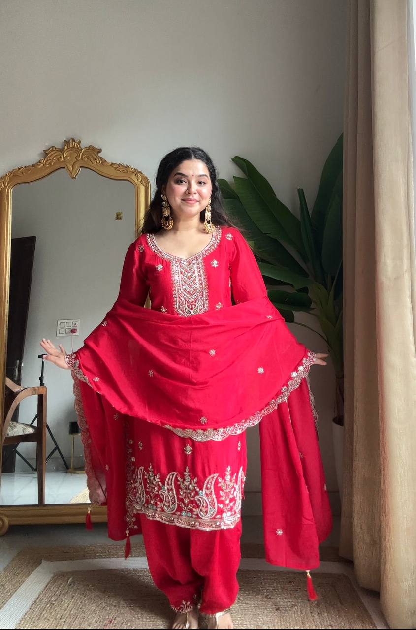 Prazu Fashion Red Chinon Silk Sequin Embroidered Salwar Suit