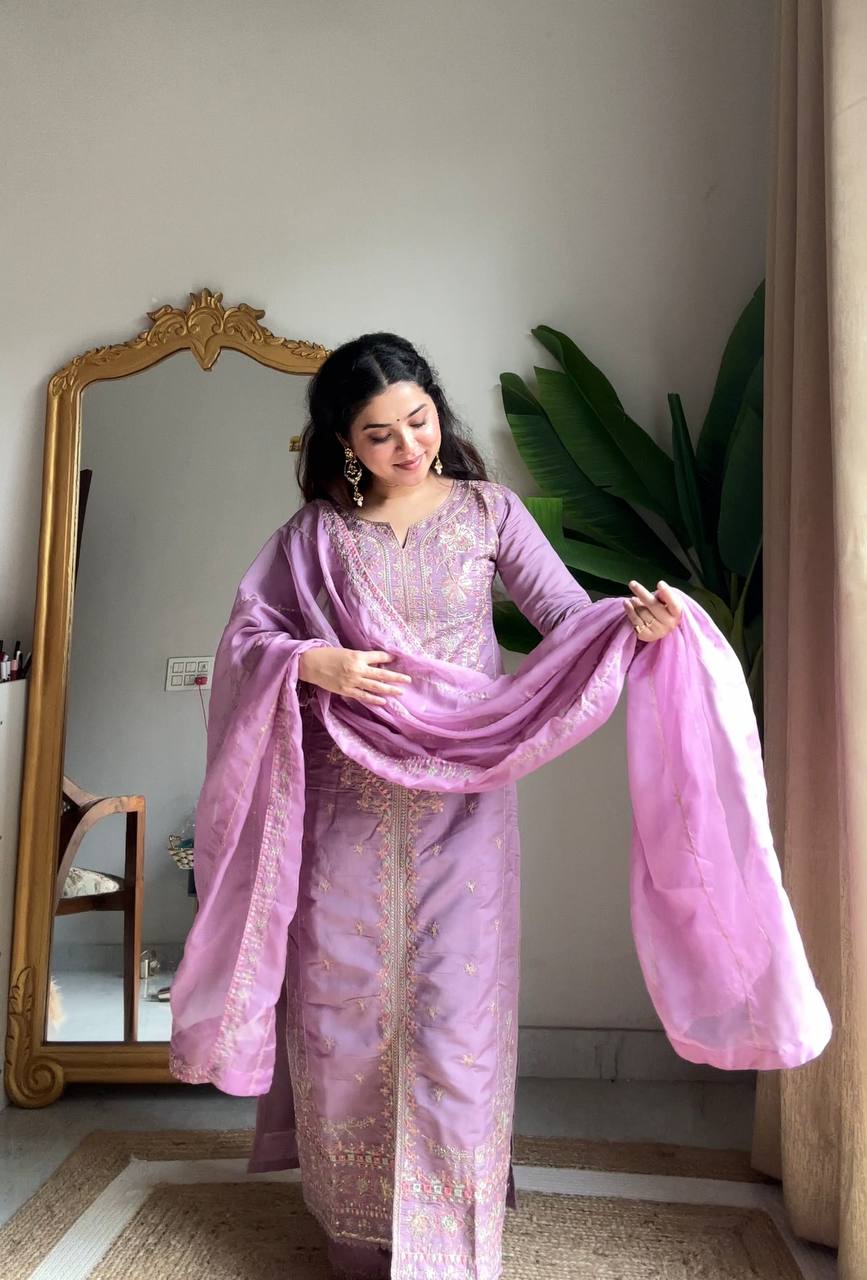 Prazu Fashion Lavender Roman Silk Sequin Embroidered Palazzo Suit