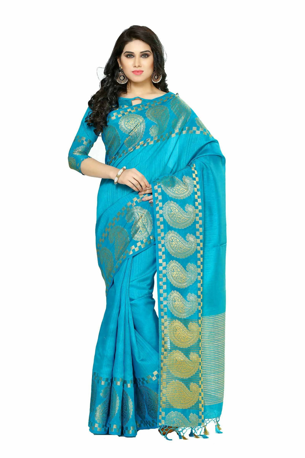 Mimosa Women's Banarasi Tussar Silk Turquoise Blue Saree