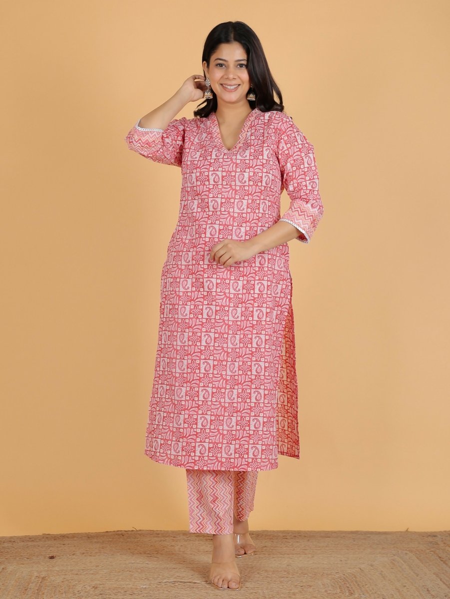 Aramya Straight Soft Cotton Abstract Print Women's Kurta Set - Pink