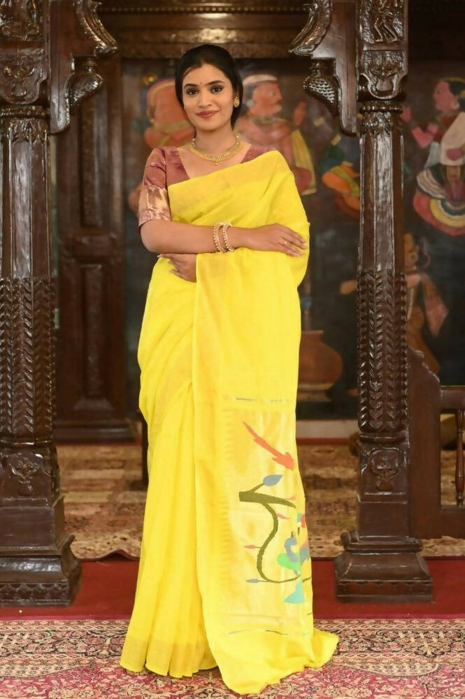Very Much Indian Handloom Pure Cotton Paithani-Lime Yellow