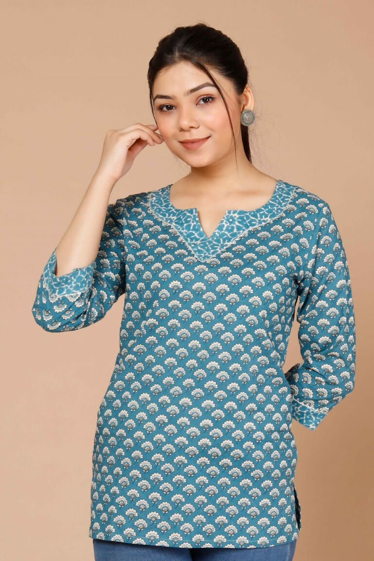 Miravan Women's Blue Floral Printed Pure Cotton Regular Kurti