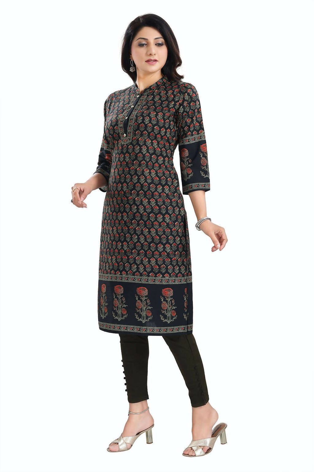 Snehal Creations Breathtaking Black Designer Digital Print Cotton Slub Fabric Long Kurti Tunic