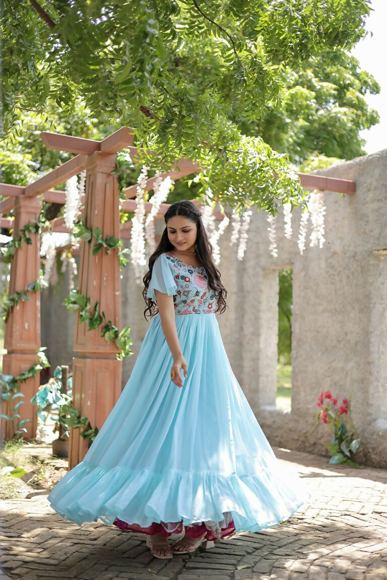 Jyoti Fashion Women's Sky Blue Sequins Thread Embroidery Faux Georgette Anarkali Dress