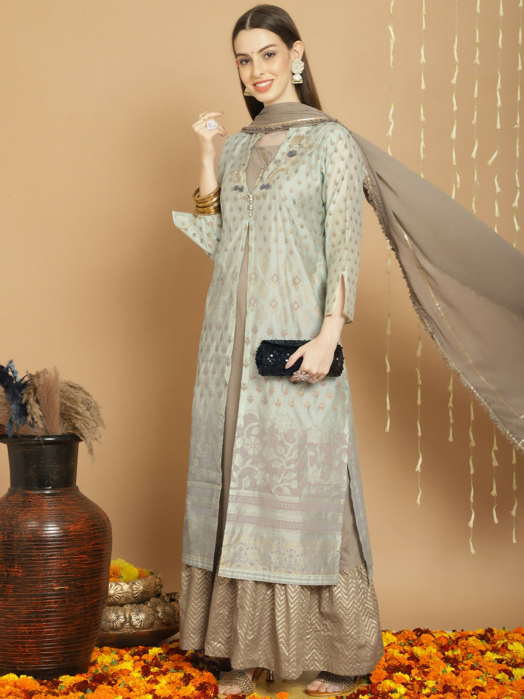 Jyoti Fashion Women's Green Chanderi Silk Elegant Jardoshi Semi Kurta with Trouser & Dupatta