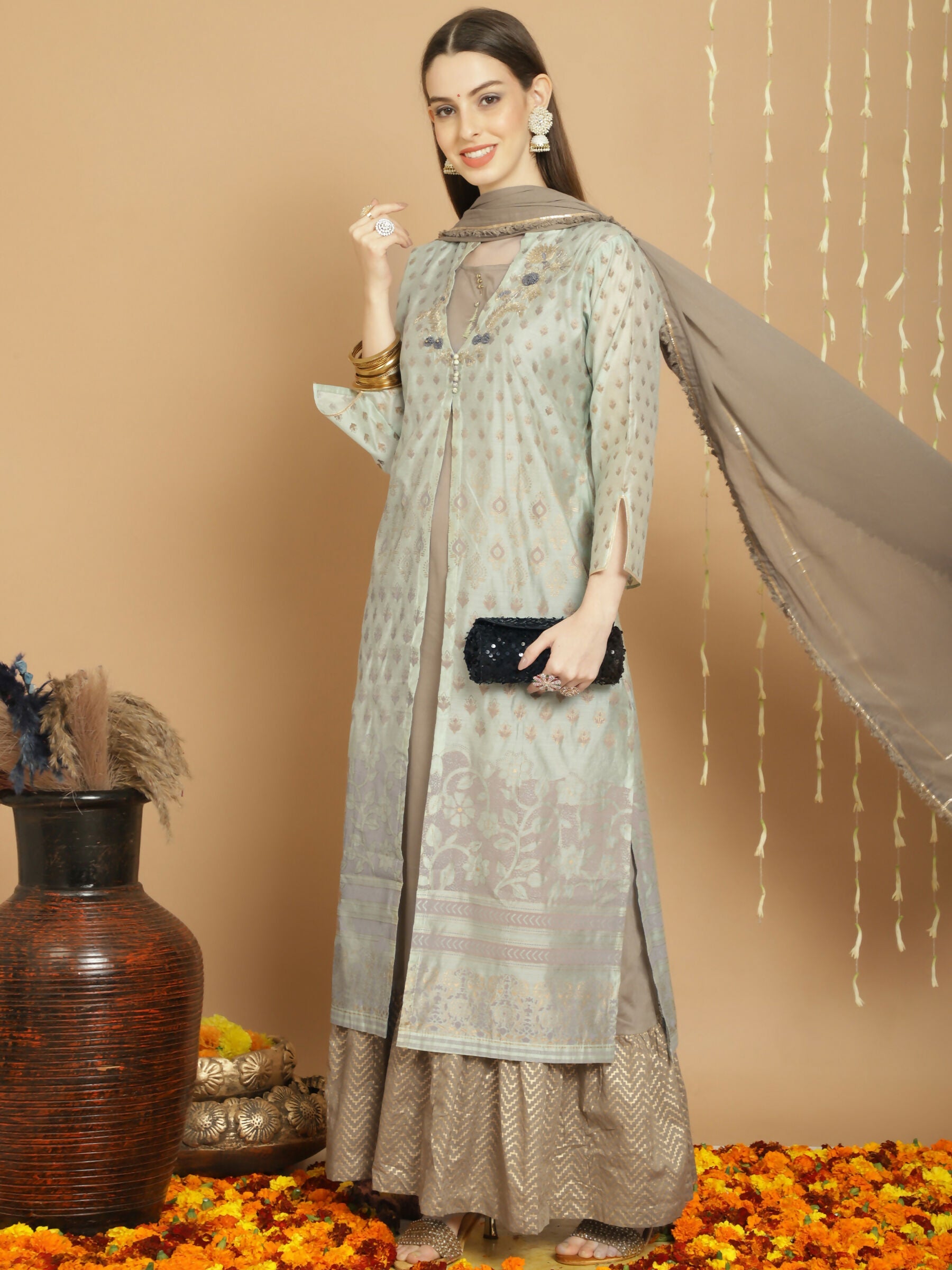 Jyoti Fashion Women's Green Chanderi Silk Elegant Jardoshi Semi Kurta with Trouser & Dupatta