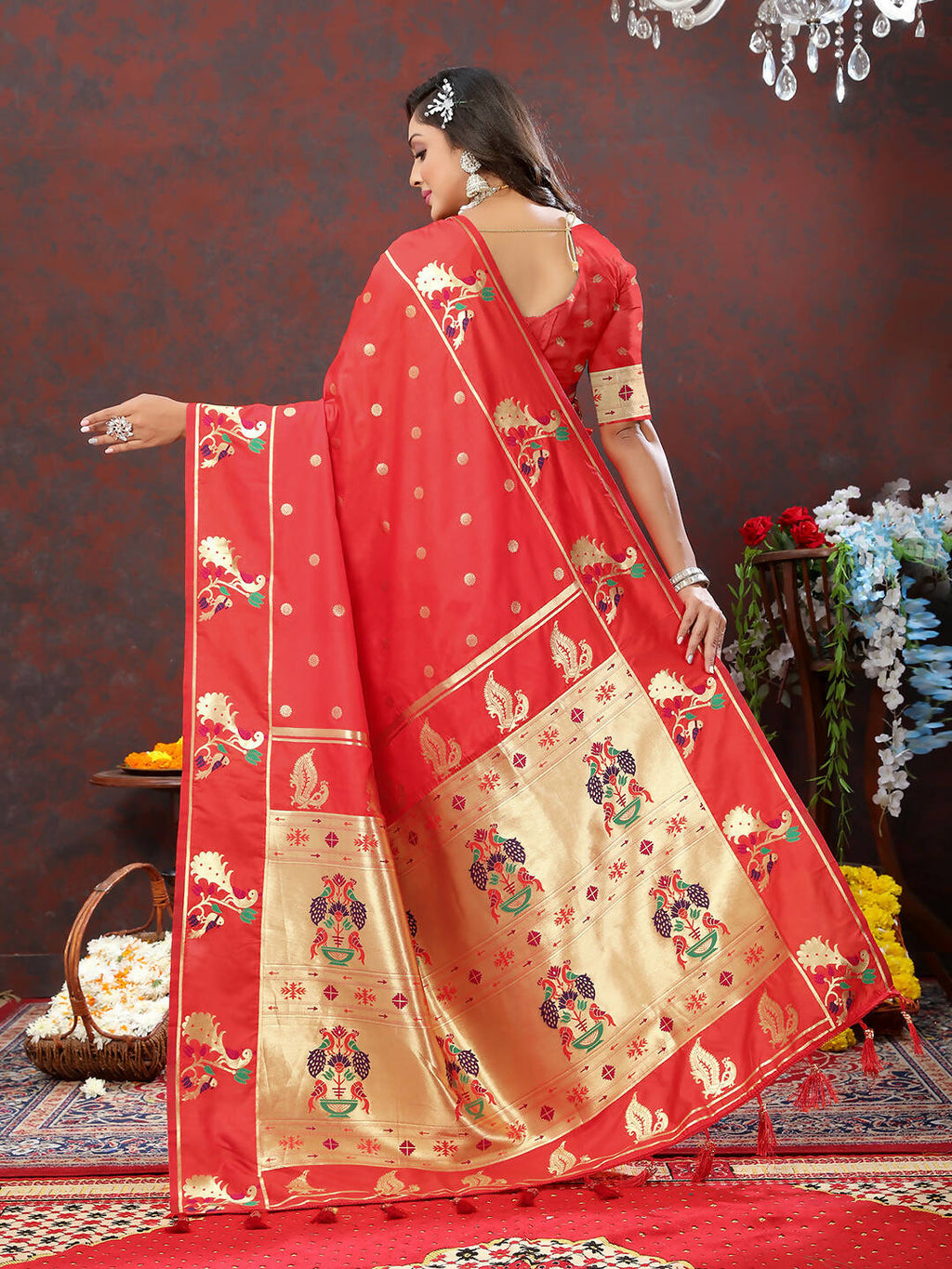 Lorenvalley Fashion Red Soft Paithani Silk Woven Design Gold Zari Meenakari Weaving Saree