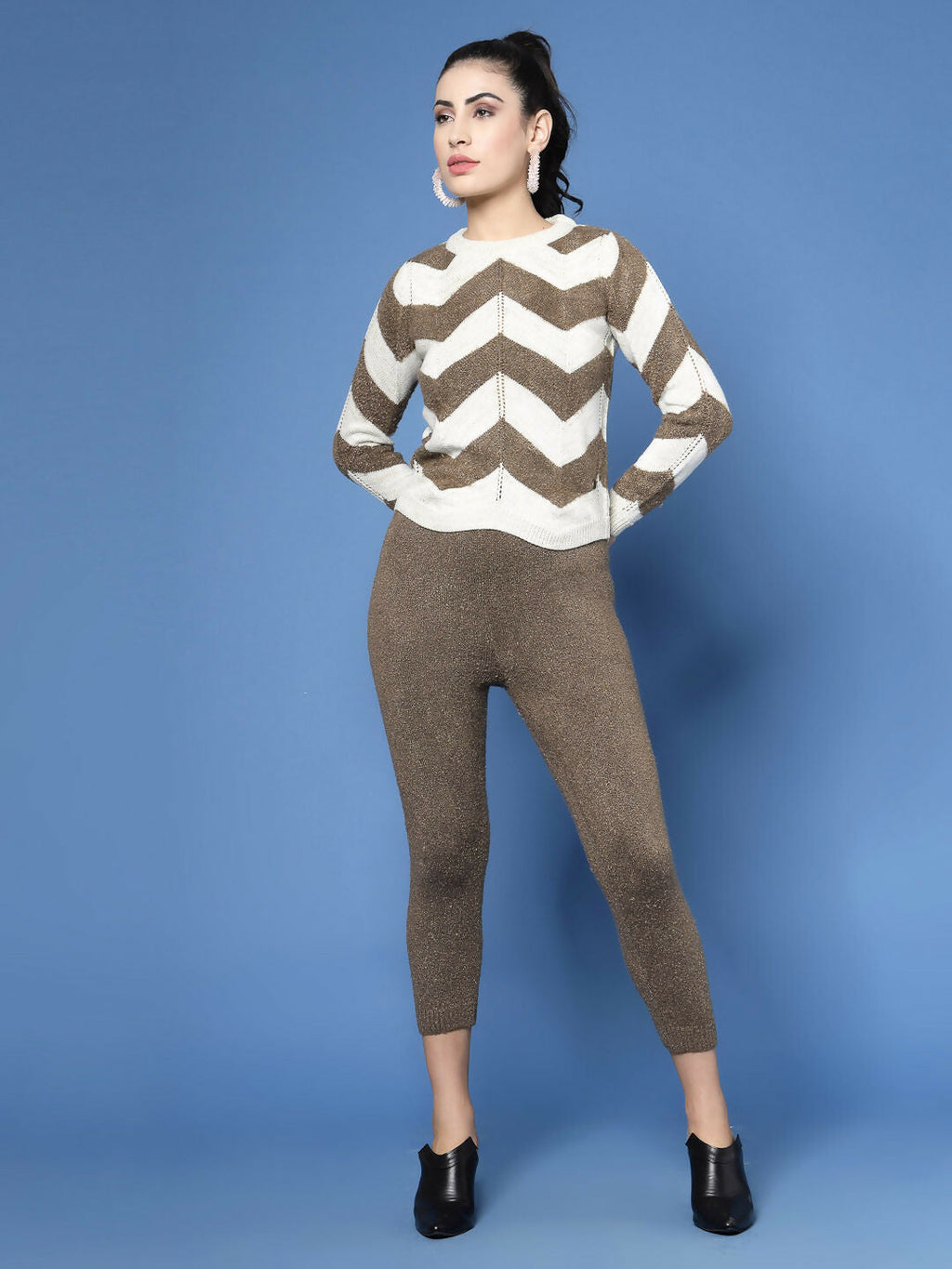 Women Cream Acrylic Stripe & Solid Winter Co-Ord Set - Wool Trees