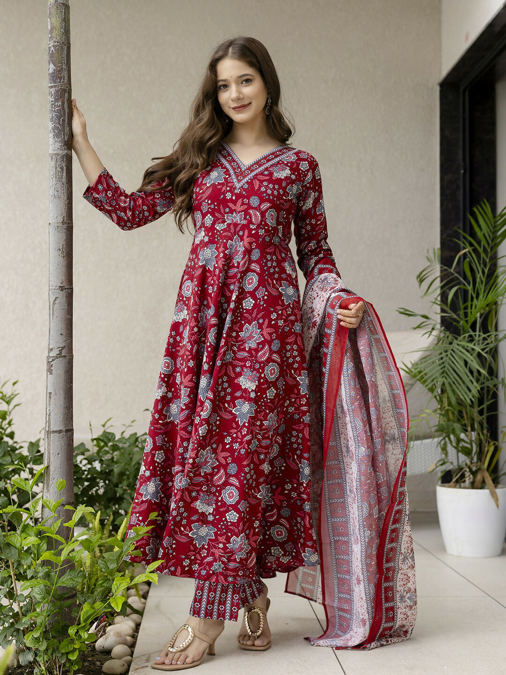 The52 Maroon Women's Gorgeous Rayon Fabric Printed Work Flared Kurta, Pant and Dupatta Set