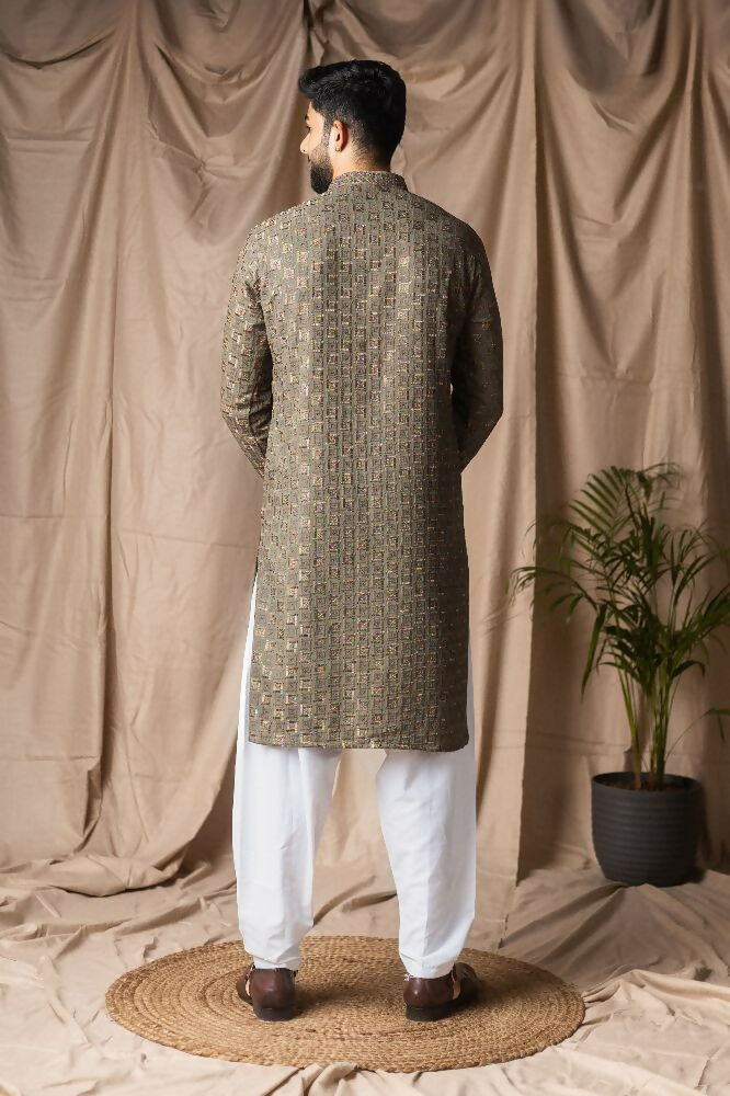 Mehandi Green Rayon Thread Embroidery Work Kurta Set - Mahotsav