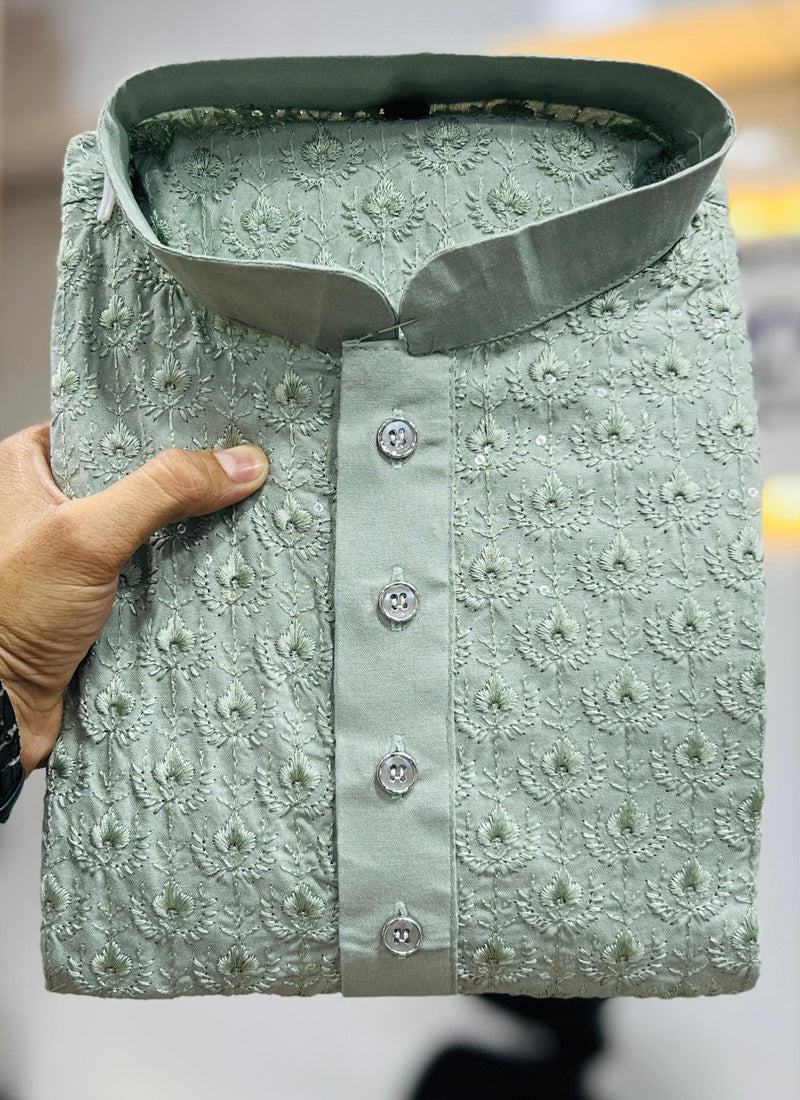 Prazu Fashion Pista Green Rayon Embrodered Kurta With Pajama
