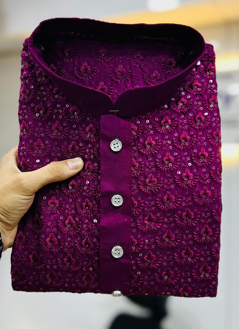Prazu Fashion Wine Rayon Embrodered Kurta With Pajama