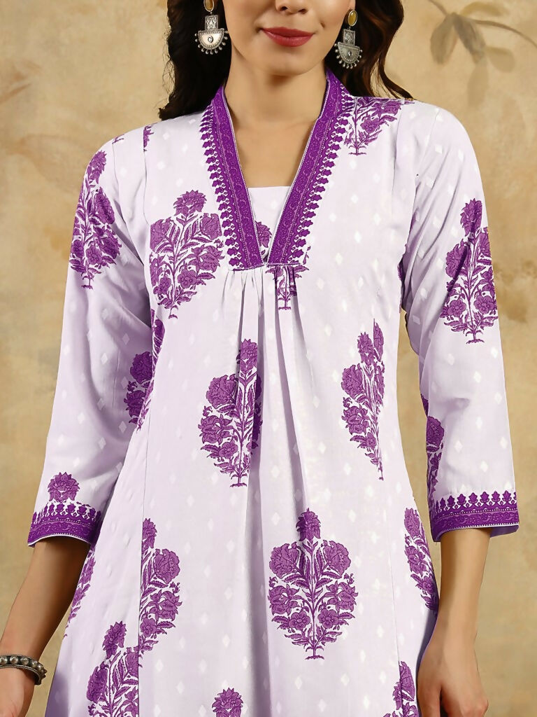 Purple Cotton Blend Printed Anarkali Suit with Dupatta - Rashmika