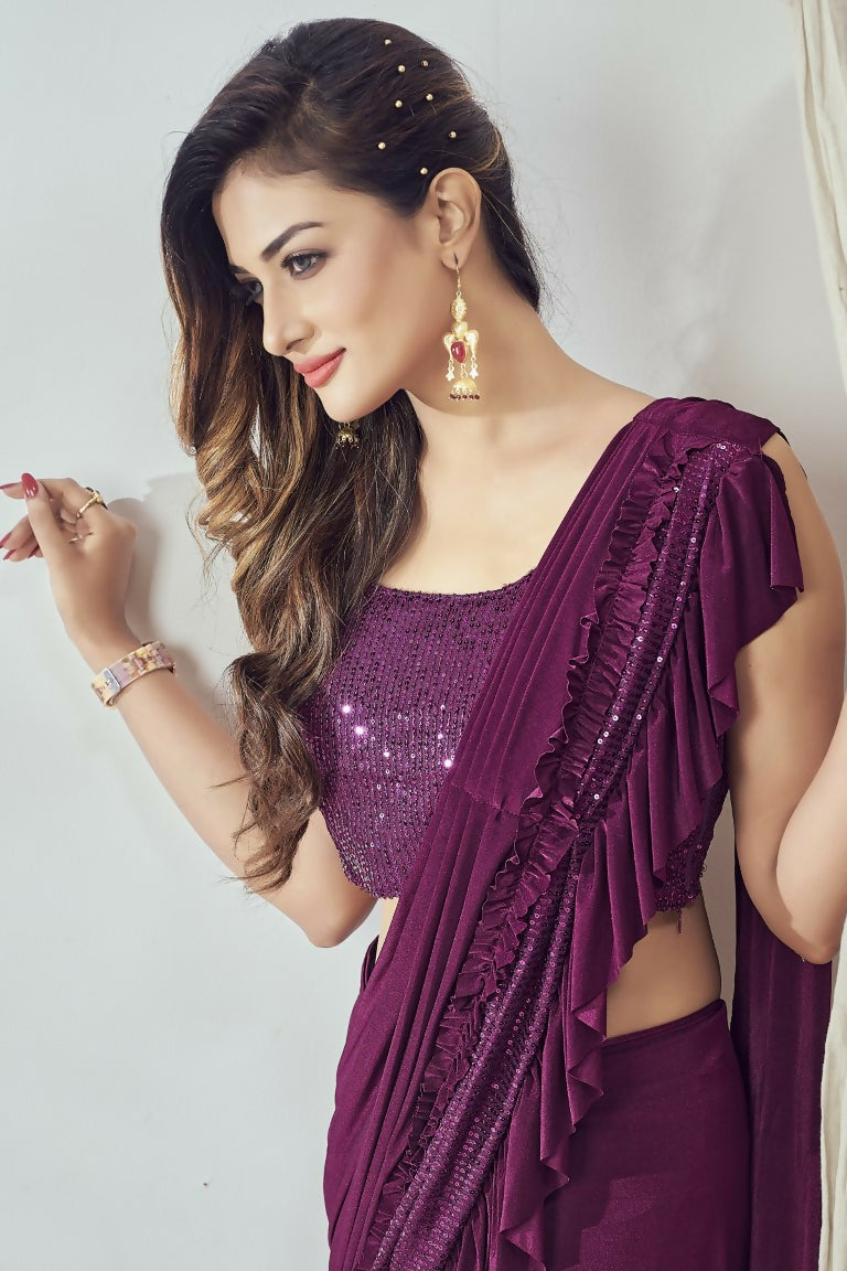 Mahotsav Women's Magenta Lycra Embellished Ready To Wear Saree With Stitched Blouse