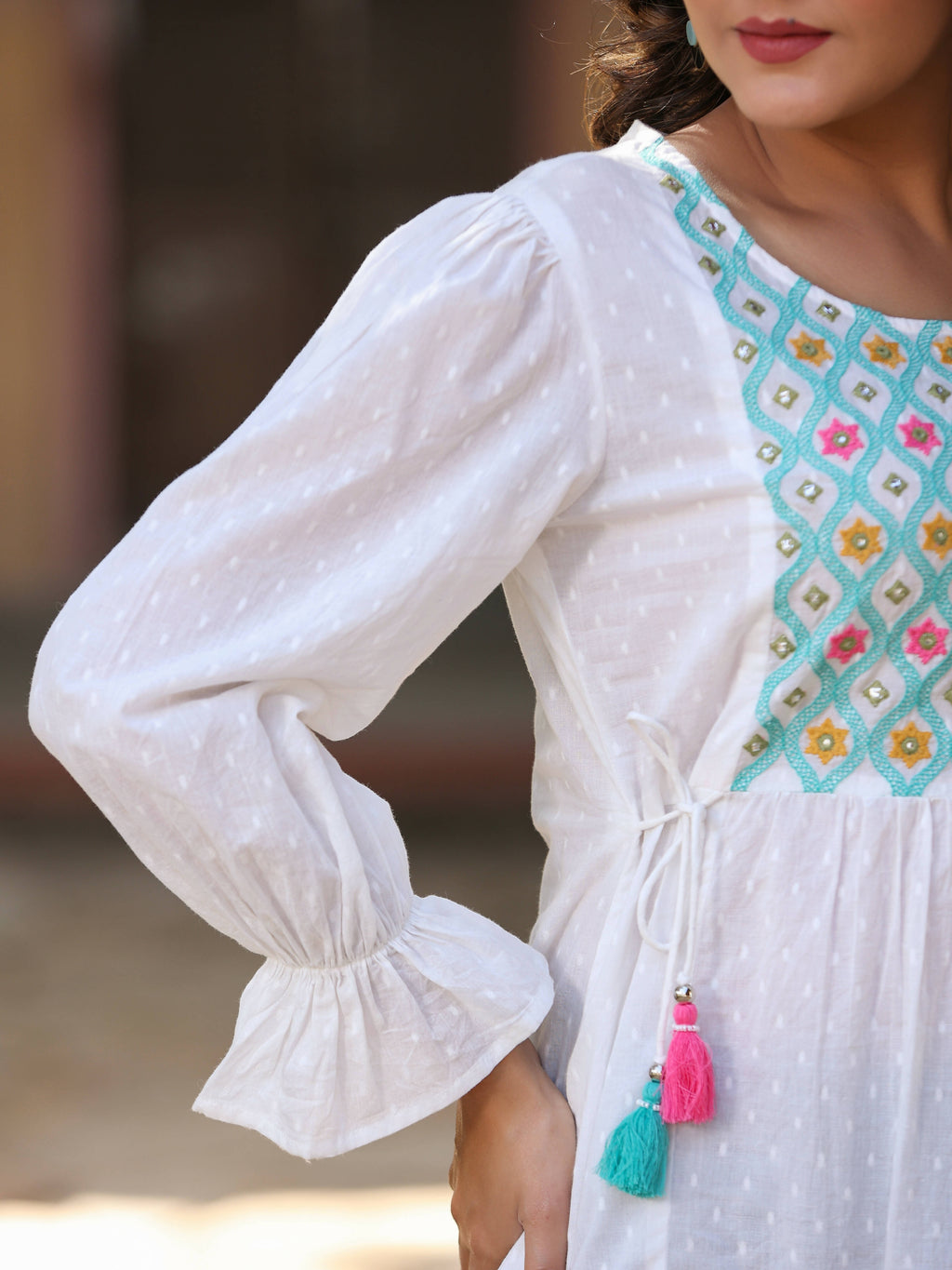 Juniper Women's White Cotton Dobby Solid With Multi Color Embroidered Tunic