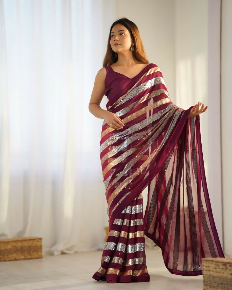 Wine Georgette Sequance Embroidery Work Border Saree - Sitare