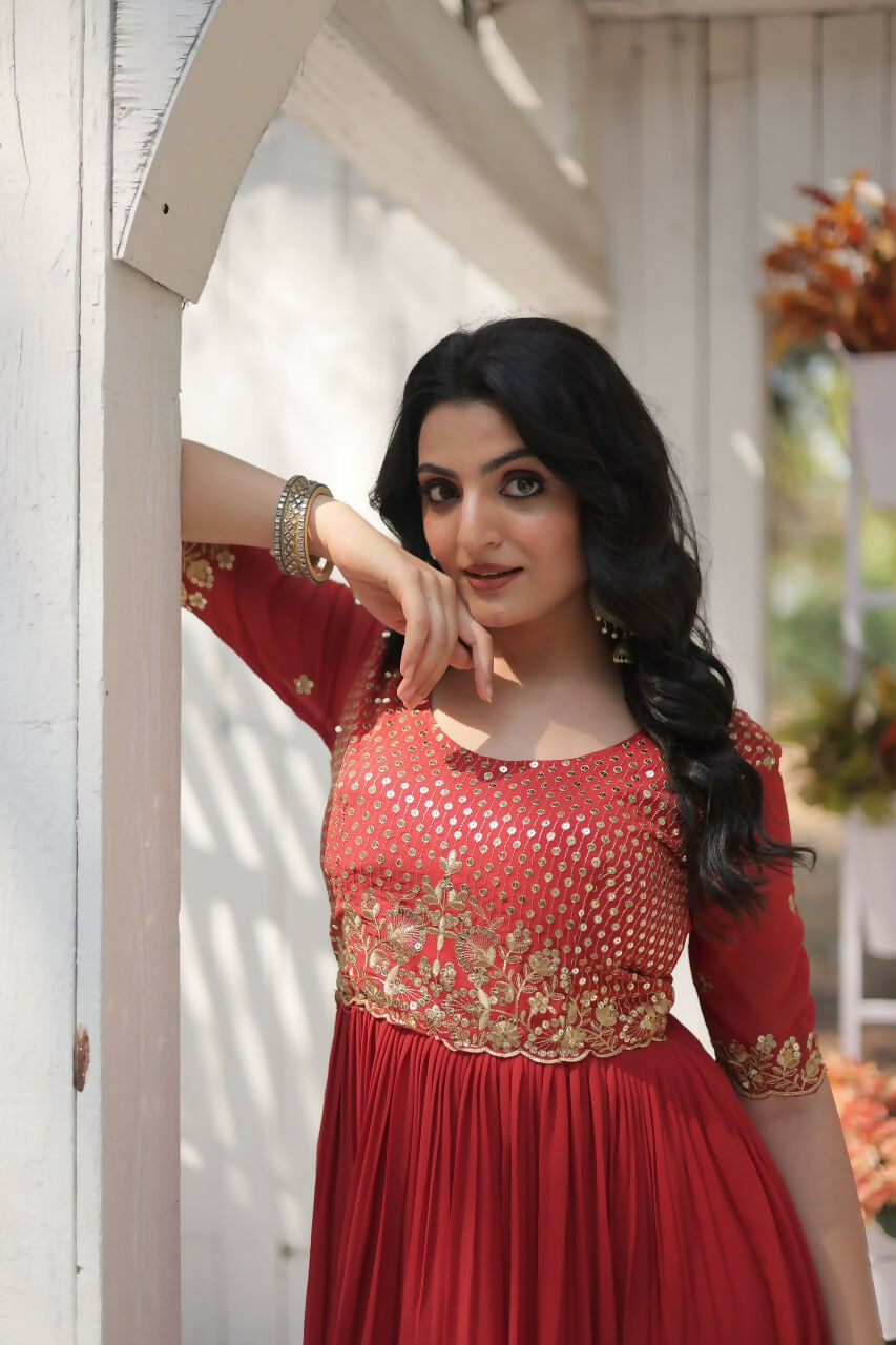 Vastranavya Faux Blooming with Embroidery Zari Sequins-work Gown - Orange