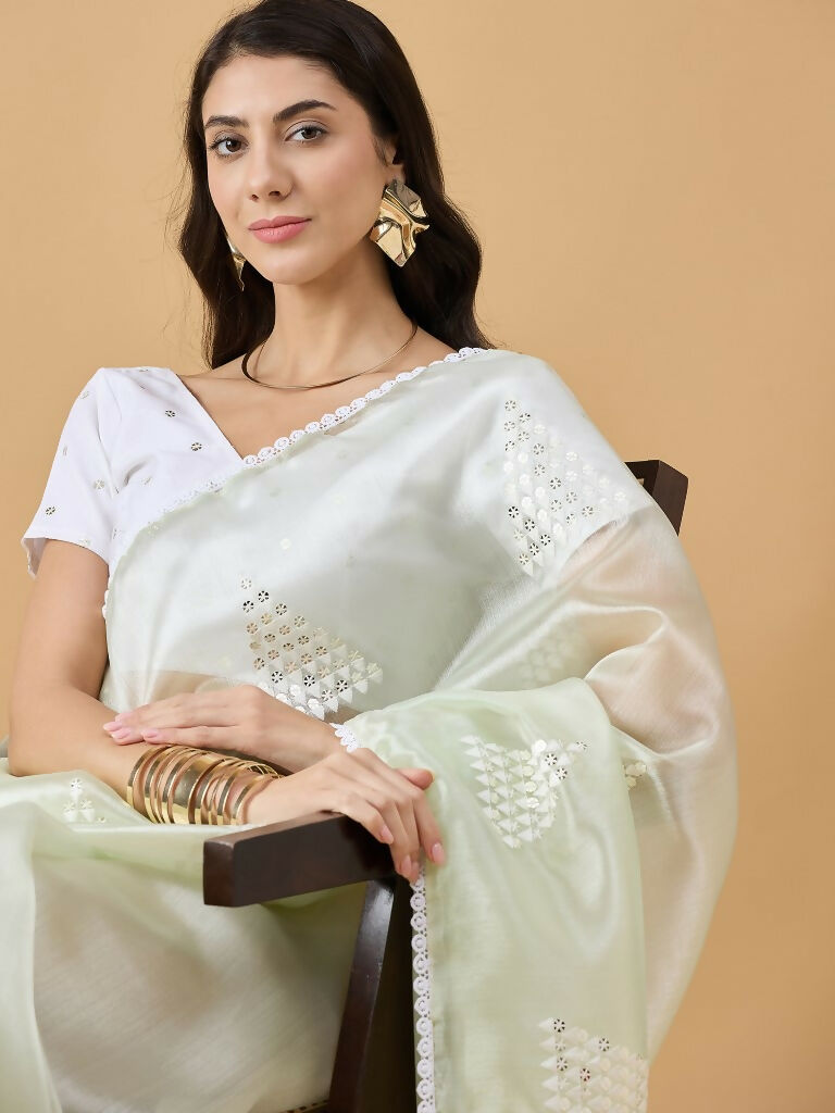 Green Tissue Slub Embroidered Saree with Unstitched Blouse - Vairagi