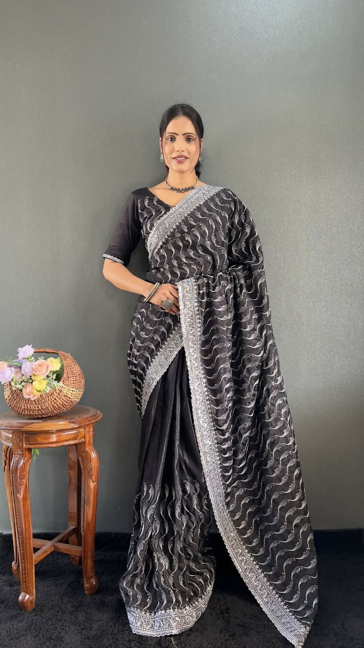 Vastranavya Black Chinnon Silk Embroidery Multi Sequence & Arco Cut Work Ready to Wear Saree