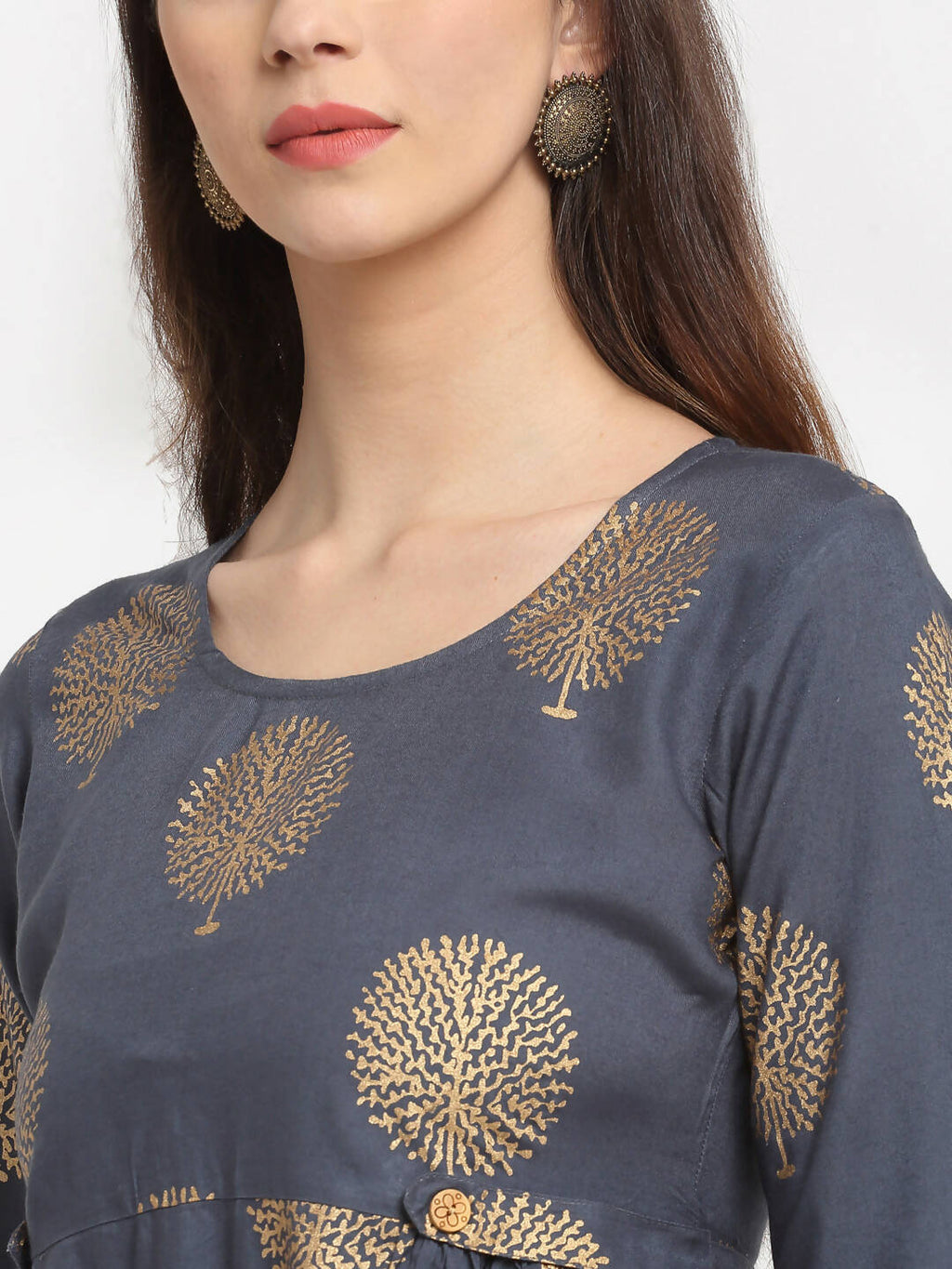Rudra Bazaar Gold Boota Printed Grey Kurti