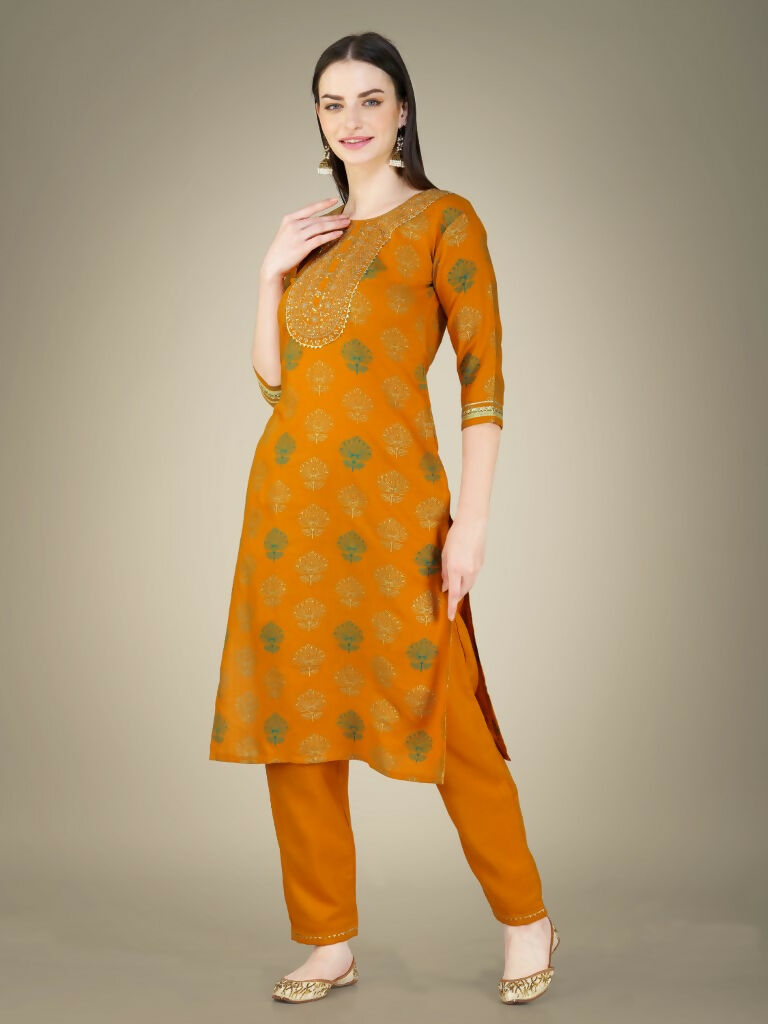 Jyoti Fashion Women's Yellow Cotton Magic Slub Embroidery & Sequence work Kurta with Trouser & Dupatta
