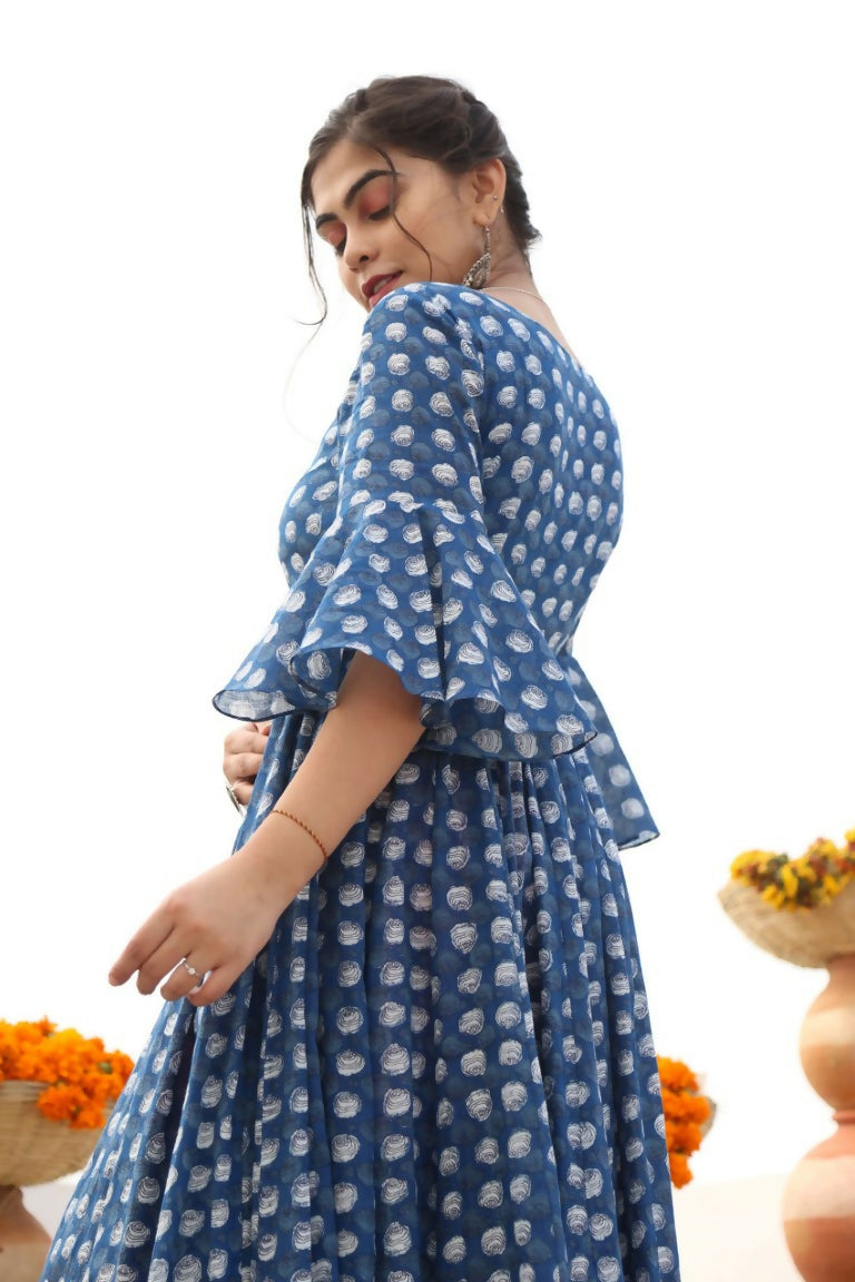 Jyoti Fashion Women's Blue Heavy Digital Printed Cotton Silk Anarkali Dress