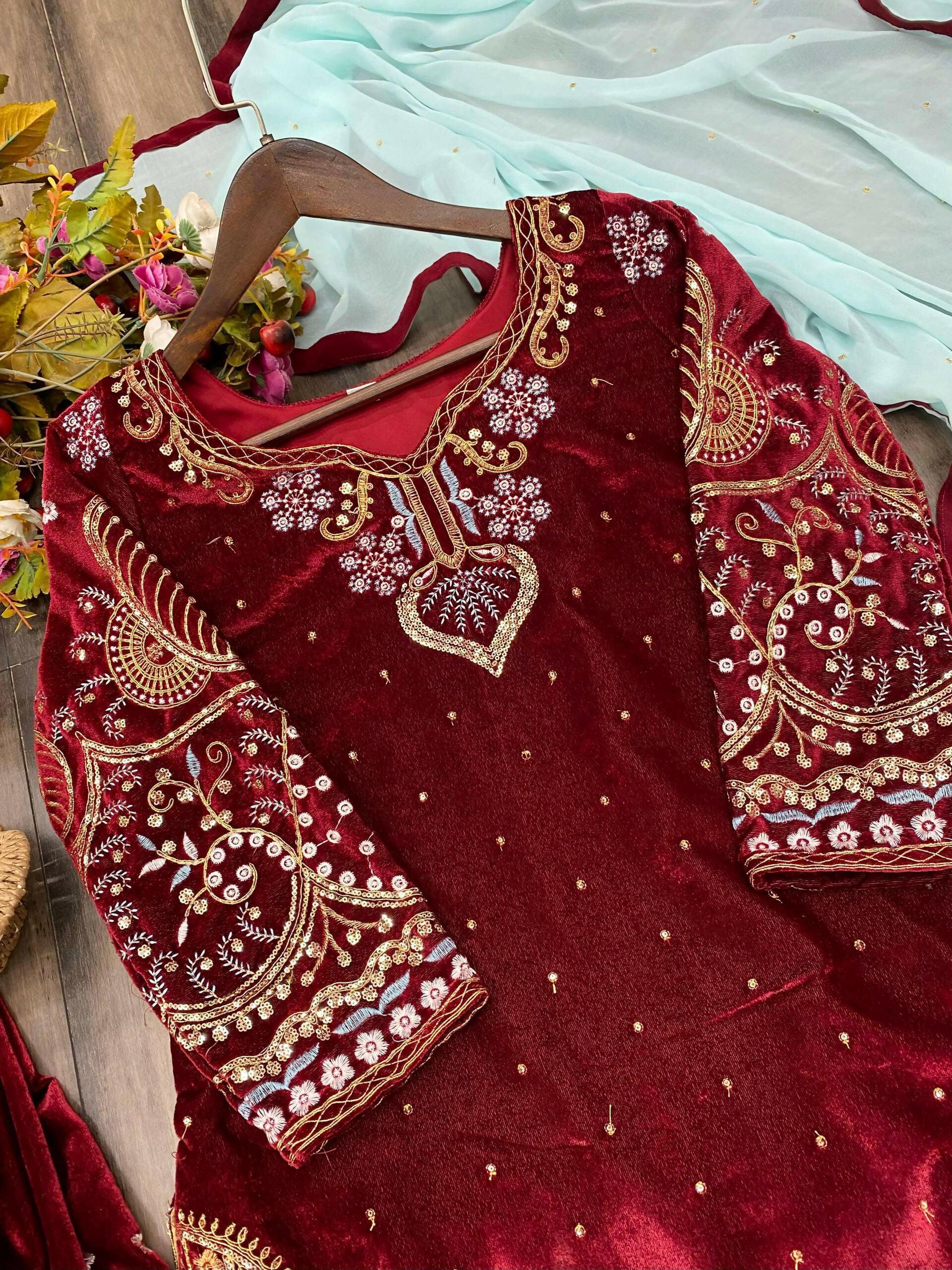 Vastranavya Maroon Viscose Velvet Cording Sequence Embroidery Work Suit With Dupatta