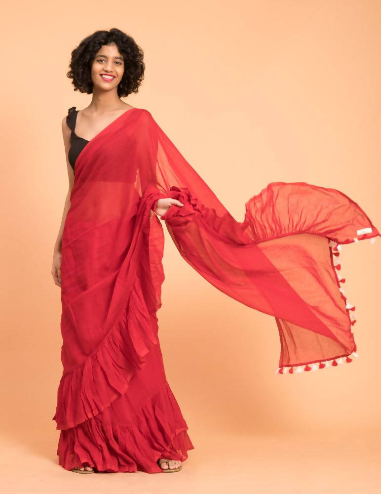Suta Red Pure Cotton Solid Ruffle Saree