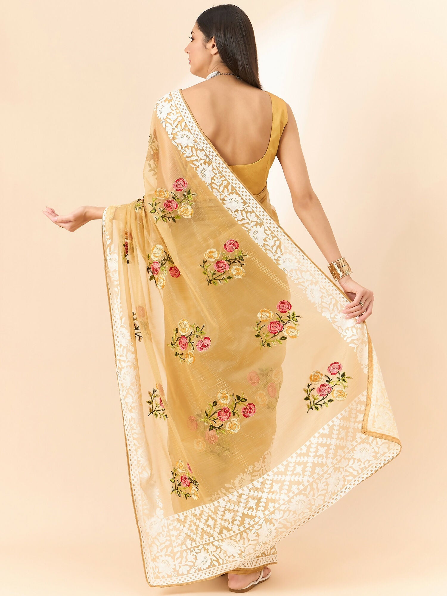 Beige Organza Floral Embroidered Saree with Unstitched Blouse Piece - Roozal