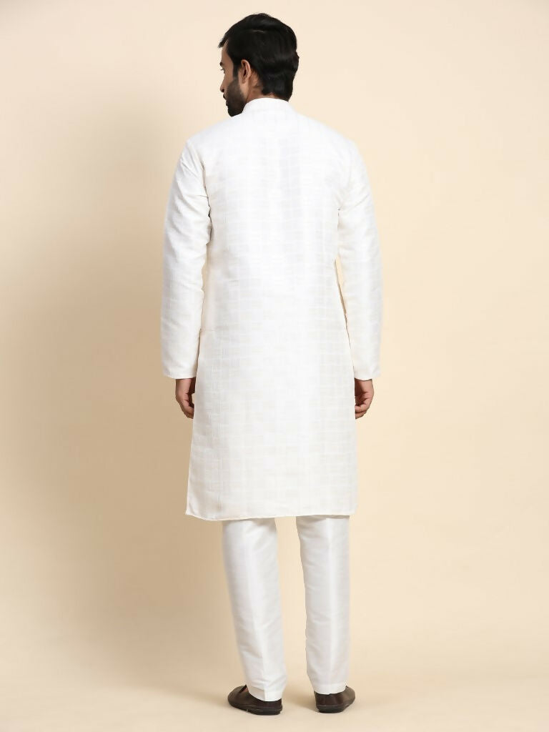 White Viscose Jacquard Woven Jacquard Designer Men's Rajwadi Kurta Set - Mahotsav