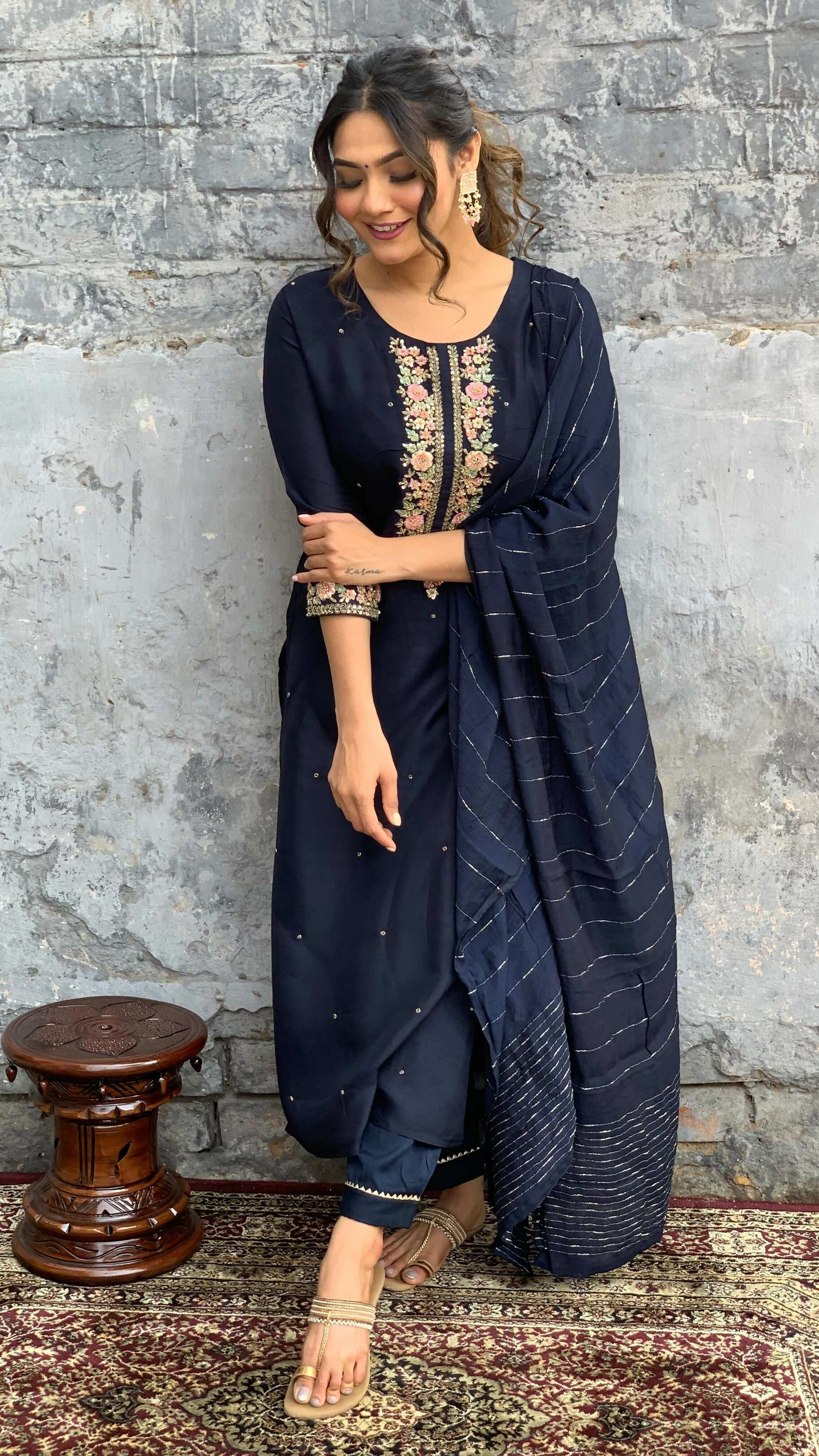 The52 Blue Women's Gorgeous Embroidered Viscose Chanderi Fabric Straight Kurta Pant with Dupatta Set