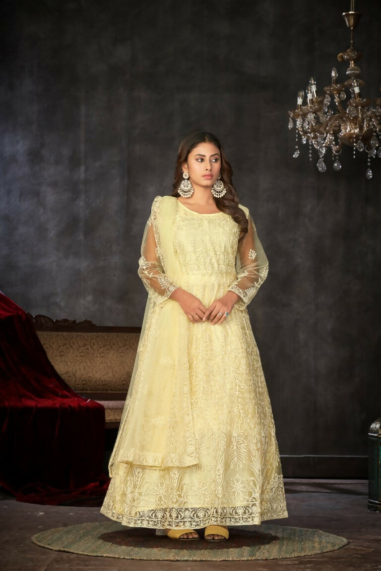 Jyoti Fashion Women's Cream Net Embroidered Anarkali Kurta Pant Set With Dupatta