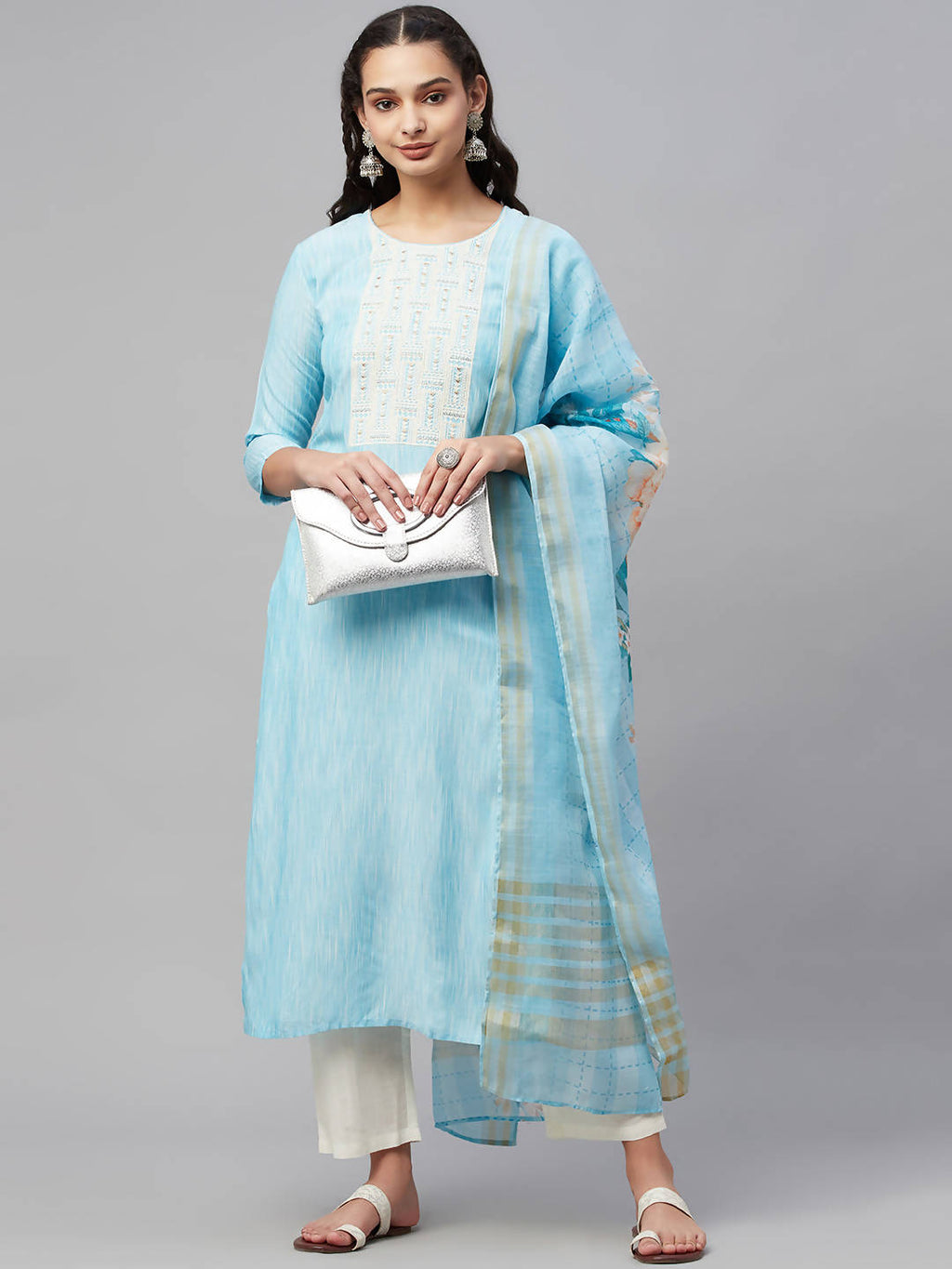Myshka Turquoise Embroidered 3/4 Sleeve Round Neck Kurta Pant Dupatta Set