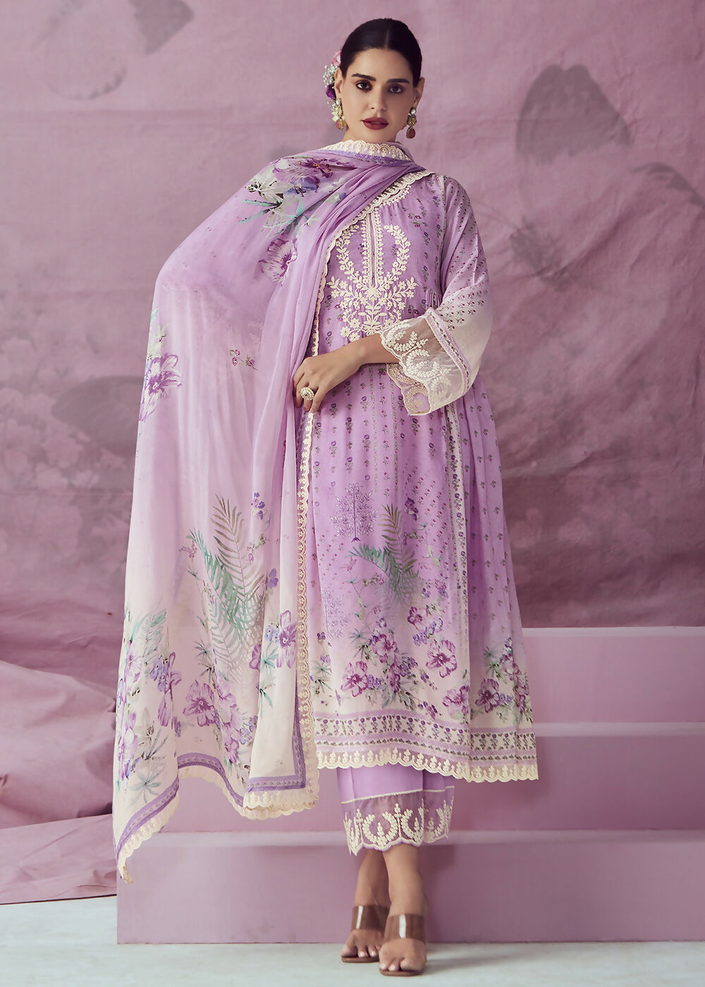 Lilac Pink Muslin Cotton Printed Trendy Salwar Kurta Set - Emponline